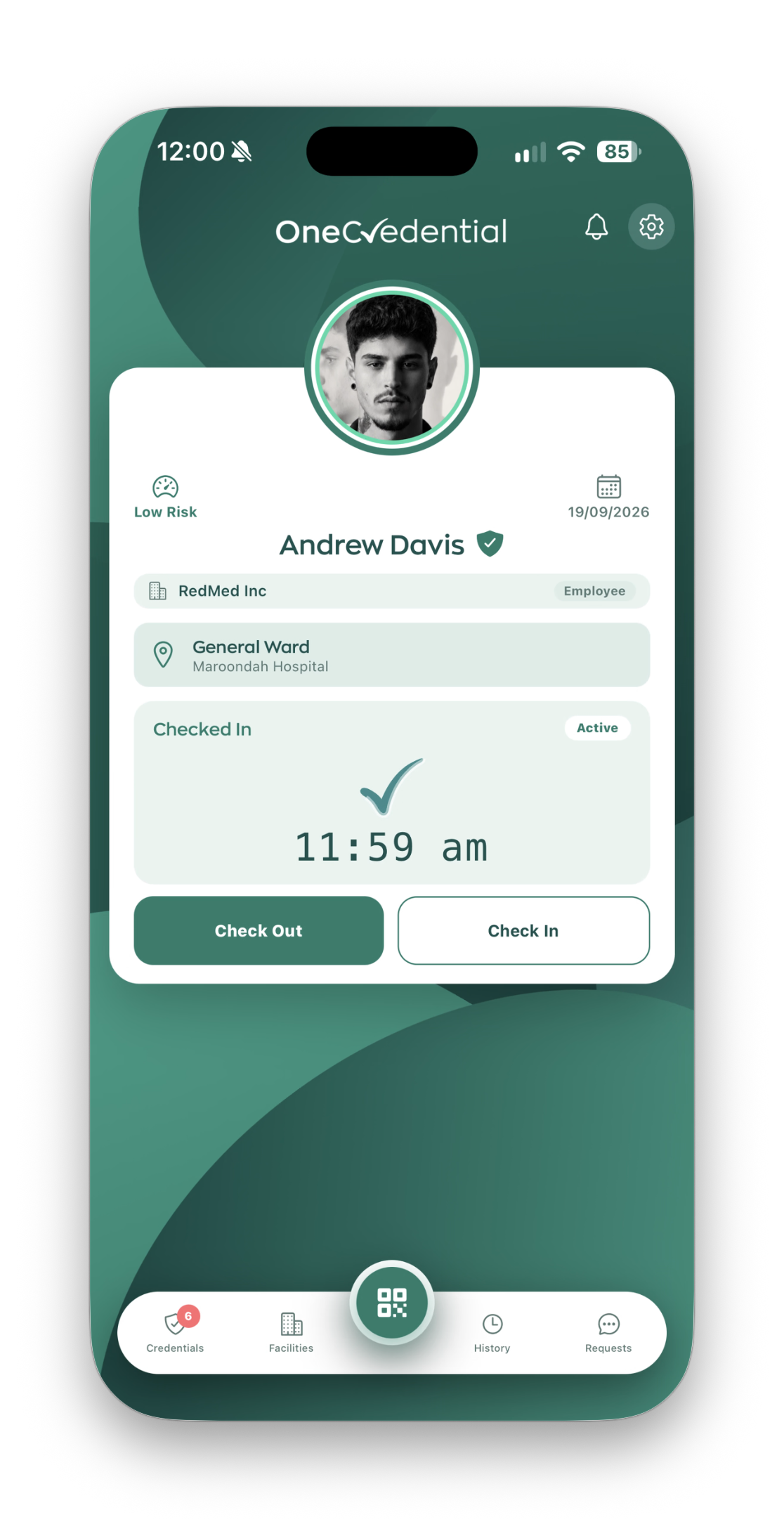 OneCredential mobile app showing a representative checked in onsite
