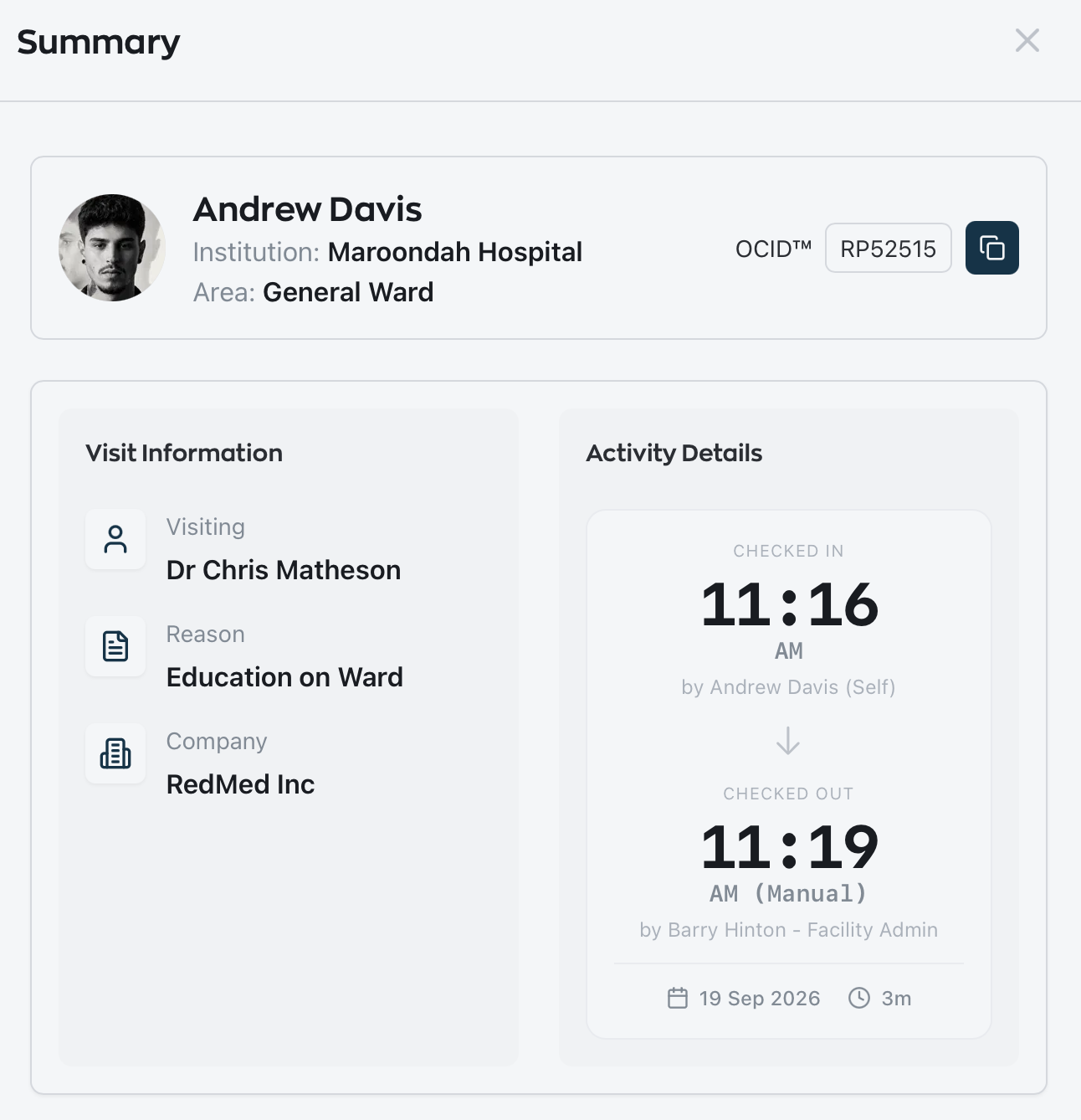 OneCredential visit record for Andrew Davis