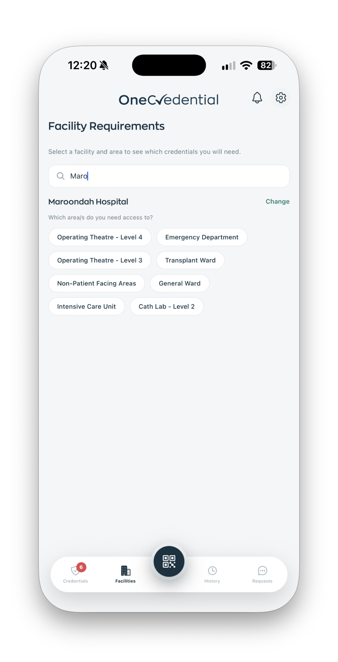 OneCredential mobile app showing facility and access-area requirements search