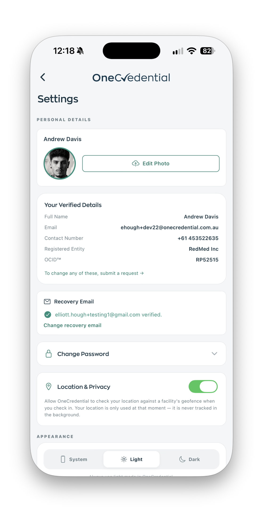 OneCredential mobile app settings showing a representative's verified details and privacy controls